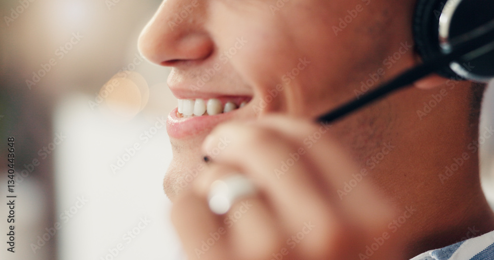 Poster virtual assistant, closeup and man with headset in home for customer support, online help and talkin