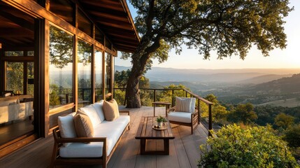 Fototapeta premium Treehouse in the woods landscapes concept. Serene outdoor living space with stunning views and contemporary furniture.