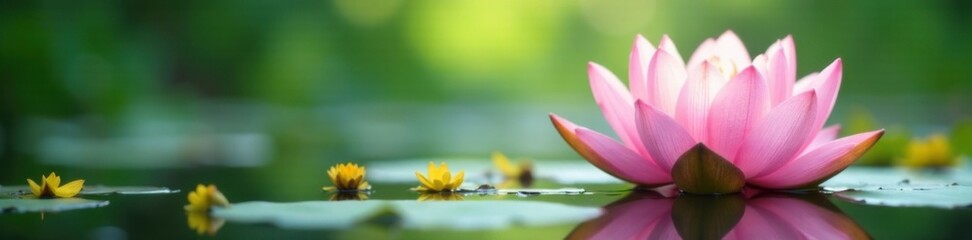 Obraz premium Soft pink water lily petals on a serene abstract spring background with delicate greenery and subtle yellow flowers, abstract spring, spring