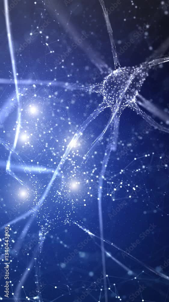 Poster looped flickering neuron cell in the digital brain vertical animation background.