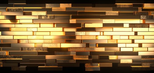 Glowing gold bricks stacked in an abstract pattern, representing economic power, banking, and financial success