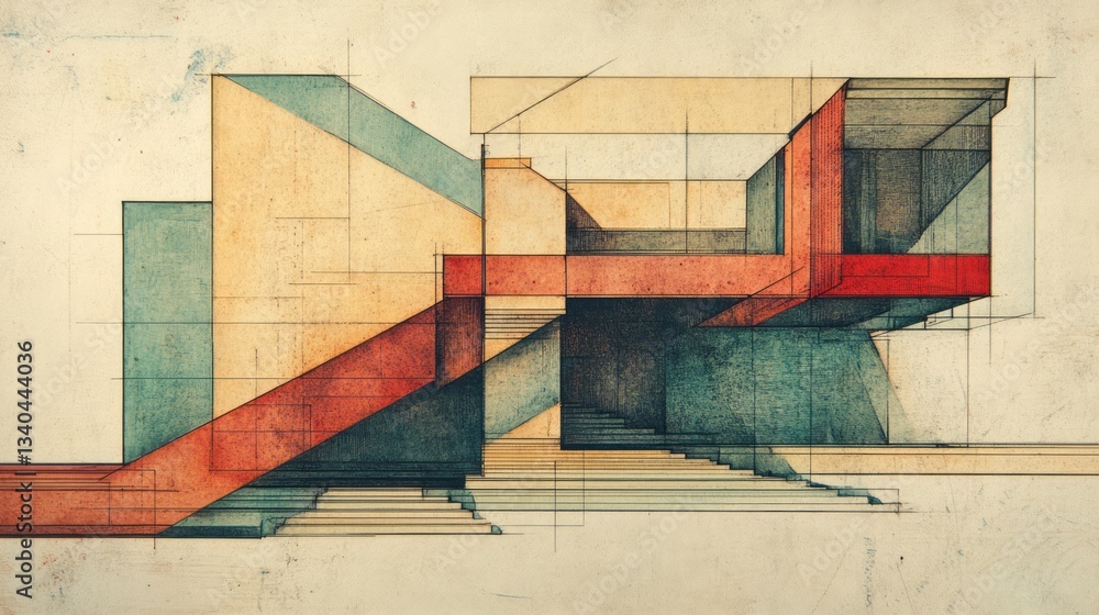 Poster modern architectural design drawing showcasing geometric shapes and structures