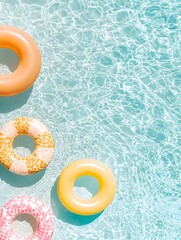 Colorful pool floats in crystal-clear water summer vibes aerial view refreshing environment relaxation concept