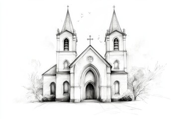 A clean line drawing of an ancient church with simple arched windows, emphasizing its iconic structure against a plain background