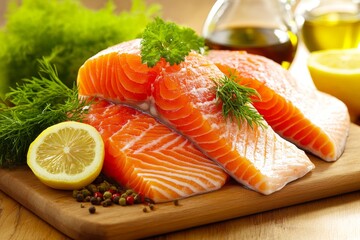 A close-up of fresh salmon fillets rich in Omega-3, displayed on a wooden cutting board with lemon slices, herbs, and olive oil nearby