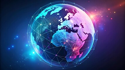 Fototapeta premium 3D representation of the Earth, overlaid with glowing lines, dots, and a network structure