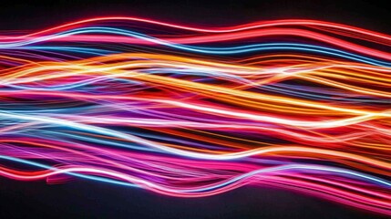 Abstract motion of streaming data lines, colorful neon energy waves symbolizing internet speed, big data, and advanced network communication