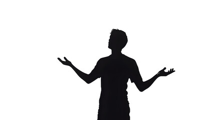 Silhouette of a person with arms outstretched, looking upwards, against a white background.