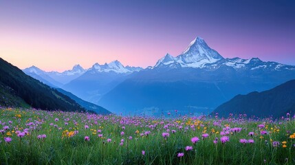 National park scenic landscapes concept. Breathtaking mountain view with blooming flowers under a colorful sky at sunset.