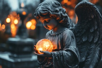 A dreamy watercolor of a Gothic-style stained glass window with an angel holding a glowing orb, the colors softly merging to create a serene effect