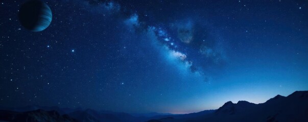 Obraz premium Starry night sky with bright stars and planets in the dark blue universe background , universe, galaxy, space landscape