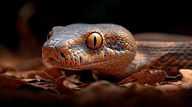 Dramatic close up shot of an African rock python slithering through a bed of dry leaves its patterned scales blending perfectly into the natural environment for camouflage and concealment