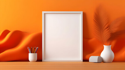 White Frame Mockup on Wooden Desk with Orange Background