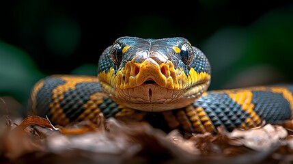 Fototapeta premium Dramatic shot of an African rock python slithering through dry leaves its scales patterned perfectly for superb camouflage in the natural habitat