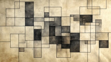 Abstract geometric composition on aged paper in shades of beige