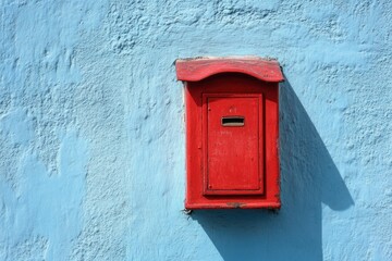 A close-up shot of a bright red postbox against a sky-blue stucco wall, subtle shadows adding depth.