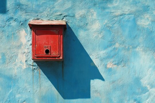 A close-up shot of a bright red postbox against a sky-blue stucco wall, subtle shadows adding depth.