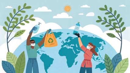 Two people wearing masks joyfully hold eco friendly items in front of globe, symbolizing global health and sustainability. scene is surrounded by plants under sunny sky