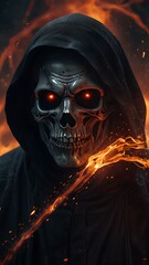 A grim reaper with fiery red eyes rises from a swirling vortex, clutching a skull that glows ominously.  