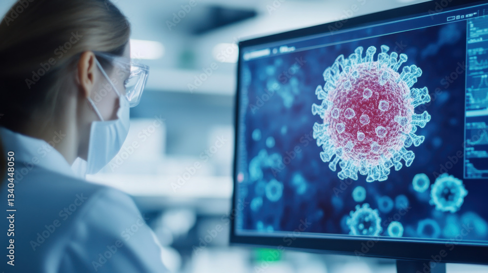 Poster scientist in laboratory observes computer screen displaying detailed image of virus, highlighting gl