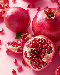 Close-up of vibrant pomegranates showcasing juicy red seeds and fresh skin. Ideal for health and nutrition themes, emphasizing natural beauty and rich flavors.