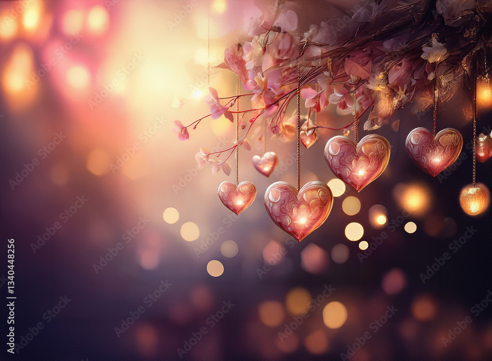 Aufkleber heart ornaments gracefully hang from a flowering branch, creating a soft and romantic atmosphere aga