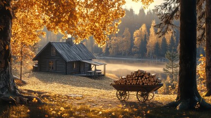 A scenic autumn landscape with a wheelbarrow full of firewood near a rustic cabin, showcasing the season's golden hues and serene beauty