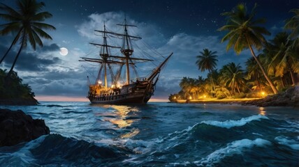 Pirate ship at night, moonlight, tropical island, calm sea, adventure, stock photo