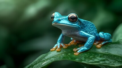 Obraz premium Stunning close up photographic image showcasing the vivid vibrant blue of a poison dart frog resting on a lush green leaf in a natural tropical setting