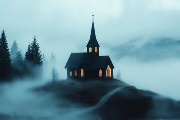 Fototapeta premium A haunting depiction of an abandoned church in the middle of a foggy swamp, with broken windows and eerie shadows moving inside