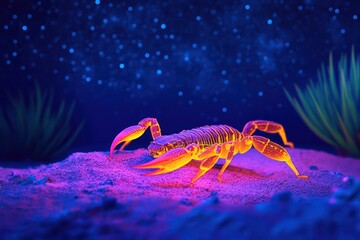 A scorpion glowing eerily under ultraviolet light, its body a stark contrast against the desert landscape at night
