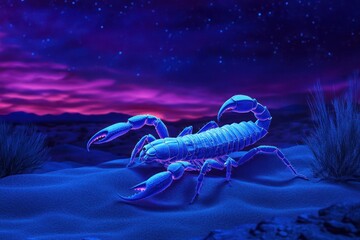 A scorpion glowing eerily under ultraviolet light, its body a stark contrast against the desert landscape at night