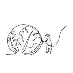 SingleLine Drawing Person Rolling Giant Cabbage, Vegetable Harvest