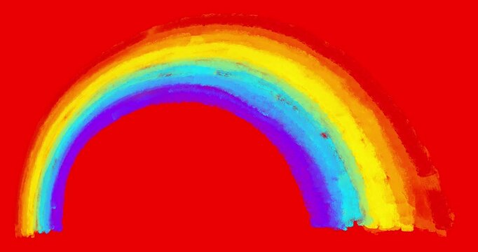 Rainbow perspective drawing animated element on red background. Hand drawn in out cute texture animation. Crazy doodle cartoon style frame by frame classic old style animation.