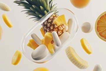 A close-up view of an opening capsule with fruits like oranges, bananas, and pineapples coming out, promoting organic health solutions.