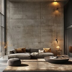 A modern living room features contemporary furniture and concrete walls