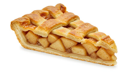 "A close-up shot of a single slice of freshly baked apple pie with a golden-brown lattice crust. The filling consists of caramelized apple chunks mixed with cinnamon and sugar. The crust appears flaky