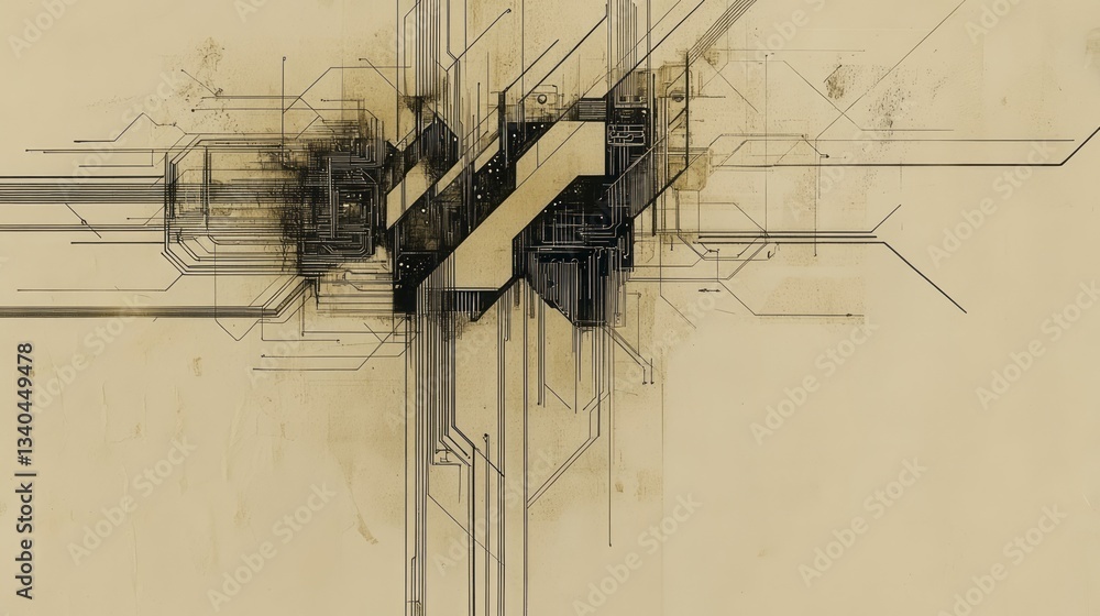 Poster technical drawing of an abstract circuit design on aged paper