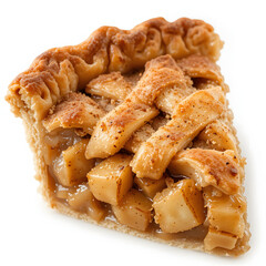 "A close-up shot of a single slice of freshly baked apple pie with a golden-brown lattice crust. The filling consists of caramelized apple chunks mixed with cinnamon and sugar. The crust appears flaky