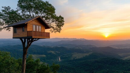 Treehouse in the woods landscapes concept. A scenic treehouse perched atop a hill overlooking a vibrant sunset landscape.