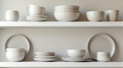 Minimalist Ceramic Bowls on White Shelves Neutral Tones and Simple Design