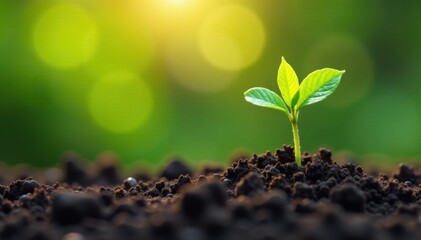 Tiny sprout emerging from soil, leaves unfurl towards sunlight, leafy, outdoors