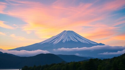 Fototapeta premium Majestic Sunrise Over Mount Fuji – Serene Misty Mountains Landscape