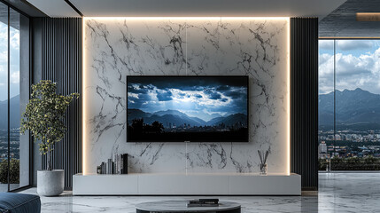 Fototapeta premium modern living room featuring sleek television mounted marble wall, with stunning mountain views visible through large windows, creating serene