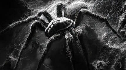 A tarantula weaving its intricate web in slow motion, each thread meticulously crafted in the dim light of a quiet evening