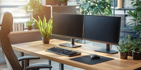 Fototapeta premium Organized workspace features essential office tools for efficiency. 