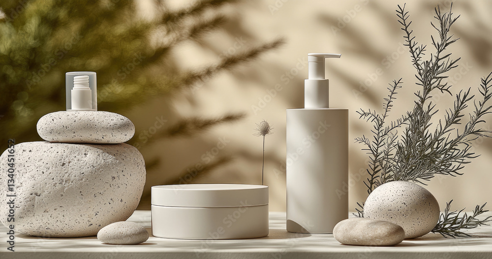 Aufkleber minimalist skincare products arranged with natural stones and greenery create serene and calming atm