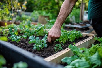 Fototapeta premium A gardener mixing compost into raised garden beds to improve soil health