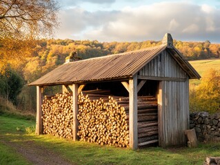 A traditional firewood storage shed, filled with neatly stacked logs, offering a rustic charm against the backdrop of an autumn landscape