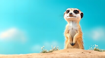 Meerkat Standing Upright on Sand Dune Vigilantly Scanning the Vast Horizon Under Expansive Blue Sky Copy Space
